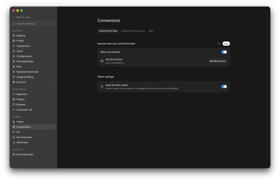 ChatGPT desktop app Connections settings with an iPhone paired for remote control