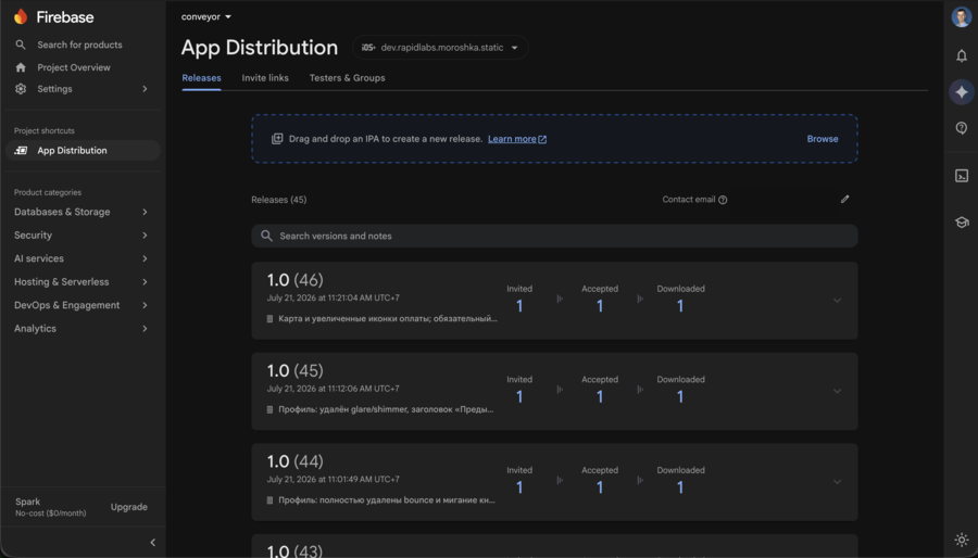 Firebase App Distribution console showing a list of iOS test releases